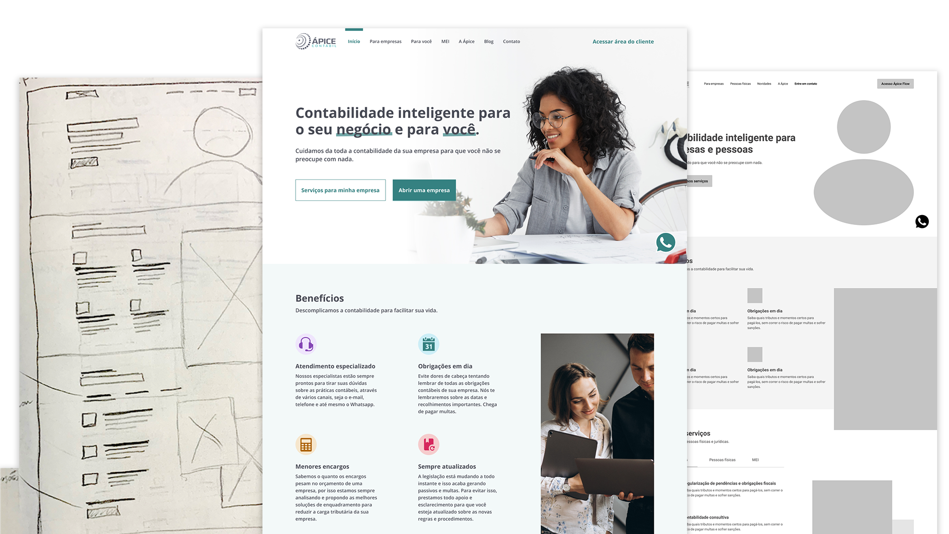 Rascunho, wireframe e protótipo em alta fidelidade do site da Ápice